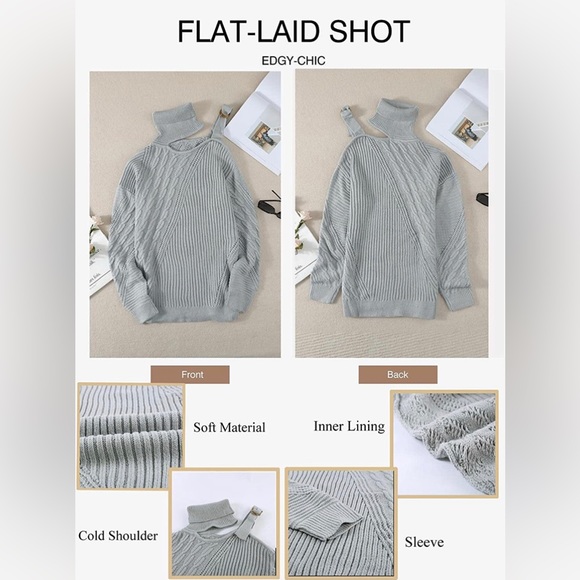 New - Gray Long Sleeve Off the Shoulder Turtleneck Knit Fall Sweater Small - Picture 2 of 11